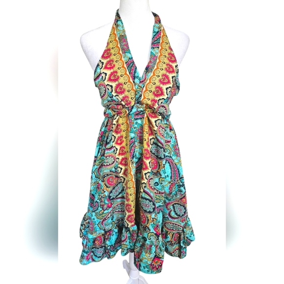 ASHLEY TAYLOR Paisley Silk Blend Halter Dress In Blue/yellow Mult. Size O/S NWT - Picture 1 of 11